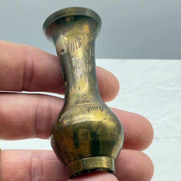 Vintage Etched Brass Miniature Vase 3 Inches Tall Antique Collectible Bud - Picture 6 of 11